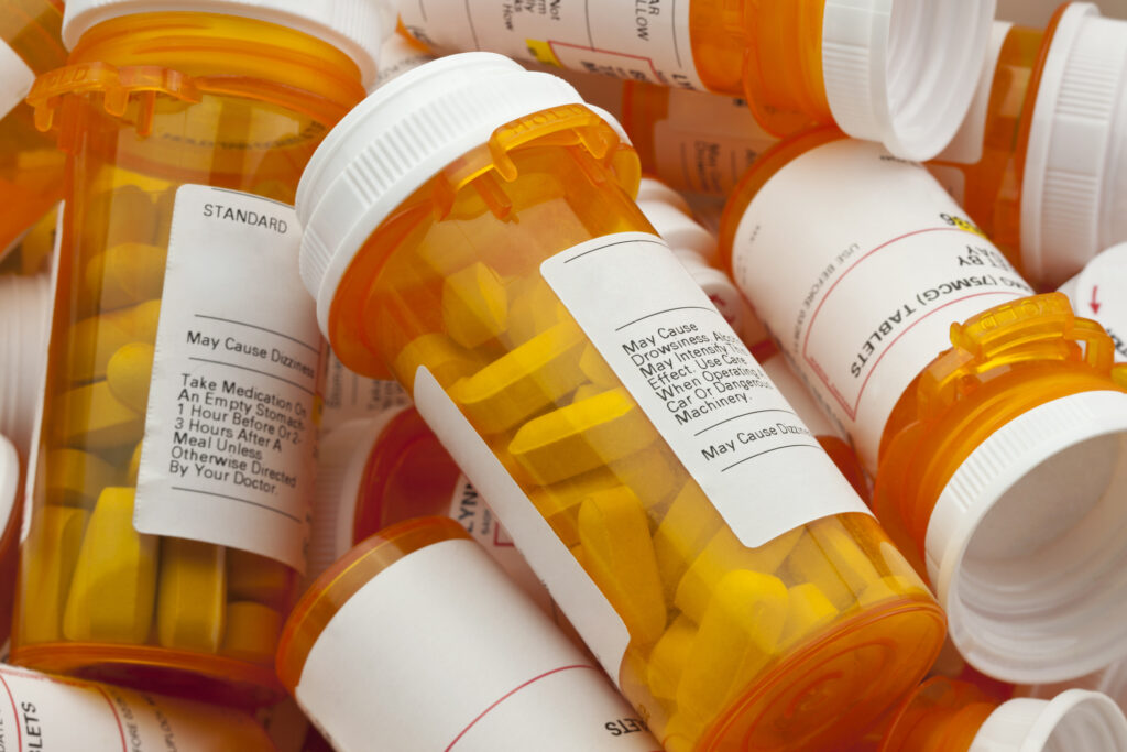 Close up of prescription drug medicine bottles
