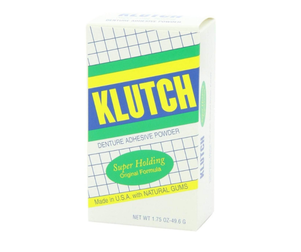 Klutch's original formula super holding adhesive powder for dentures.