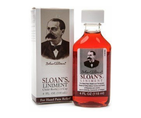 A 4 fluid ounce bottle of Sloan's liniment that provides pain relief of the hands.