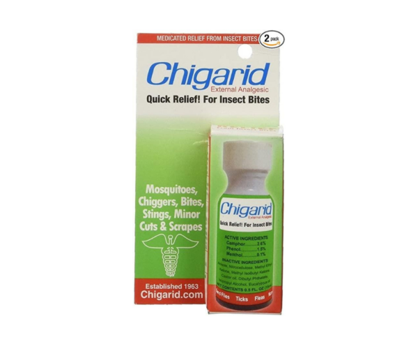 Bottle of Chigarid that provides relief for insect bites such as mosquitoes, chiggers, stings, and minor cuts and scrapes.