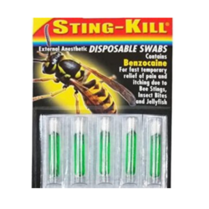 Sting-Kill disposable swabs for fast temporary relief of pain and itching due to bee stings, insect bites, and jellyfish.