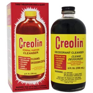 Creolin 8 fluid ounces of deodorant cleanser for bathrooms, kitchens, cellars, yards, and kennels.