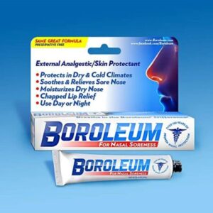 white tube with blue letters reading product name BOROLEUM in front of outer packaging box showing the nasal ointment used for temporary relieve